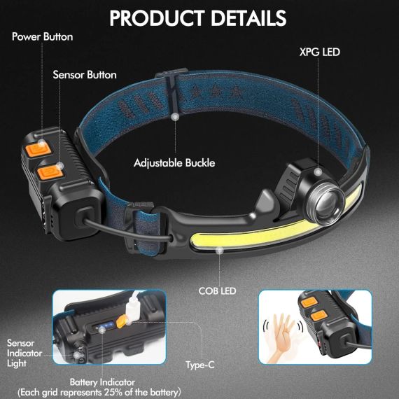 Налобний ліхтар, прожектор COB W678-2 — чорний | Зображення 8