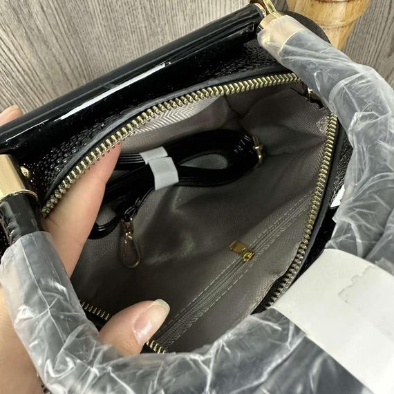 Сумка жіноча через плече маленька чорна лакована під рептилію 1284 | Зображення 6