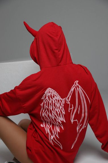 Женское теплое худи оверсайз с рожками на флисе, RO124/1, цвет красный, размер 42/46 | Зображення 1