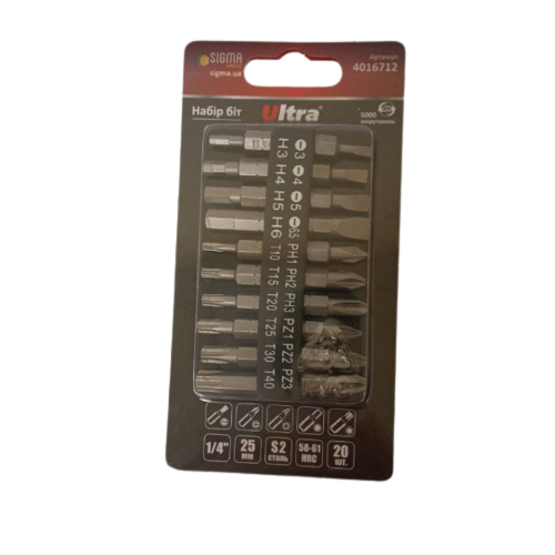 Набір біт 1/4"*25 мм. з тримачем 20 шт/уп S2 Ultra