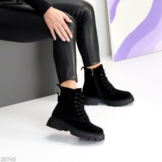 Базові чорні зимові черевики берці натуральна замша, блискавка + шнурівка | Зображення 7
