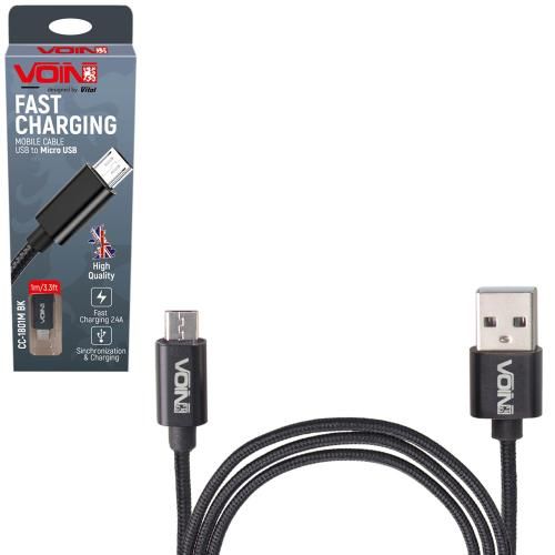 Кабель VOIN USB - Micro USB 3А, 1m, black (швидка зарядка/передача даних)