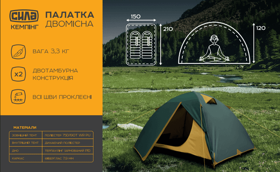Двомісний туристичний намет СИЛА Міраж 210×150×120 см для кемпінгу та відпочинку