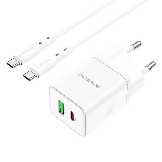 МЗП Borofone BN7 PD20W+QC3.0 (1USB-A/1C) + кабель Type-C to Type-C White | Зображення 1