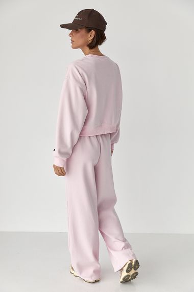 Спортивний костюм із плюшевим начісом з коротким світшотом та штанами палаццо - пудра цвет, S/M (є розміри) | Зображення 1