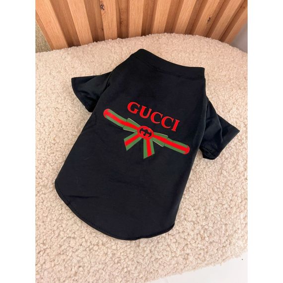 Брендовая футболка для собак Gucci с зелено-красной полоской и бантом на спинке, черная | Зображення 1