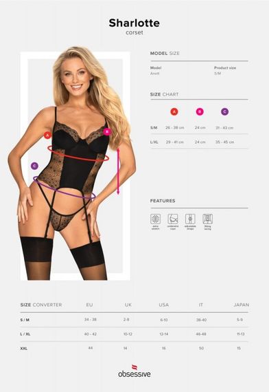 Комплект Obsessive Sharlotte корсет з пажами для панчох та трусики стрінги, чорний, S/M sexstyle | Зображення 6