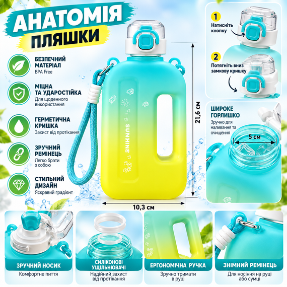 Спортивна пляшка для води SUMMER 750 мл з BPA-free пластику, багаторазова, жовто-блакитний градієнт | Зображення 3