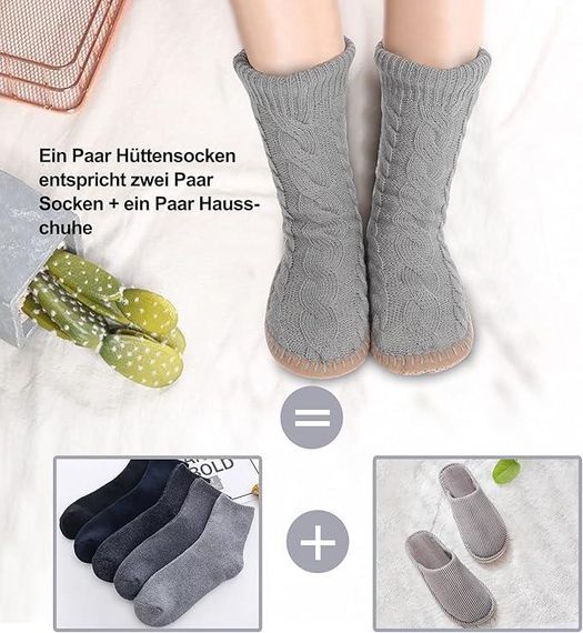 Носки тапочки теплые толстые с антискользящей подошвой, высокие вязаные для дома, домашняя зимняя обувь, серые | Зображення 5