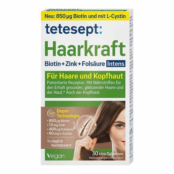 Tetesept Haarkraft - биотин + цинк + фолиевая кислота + L-цистин для волос и кожи головы, 30 шт., Германия