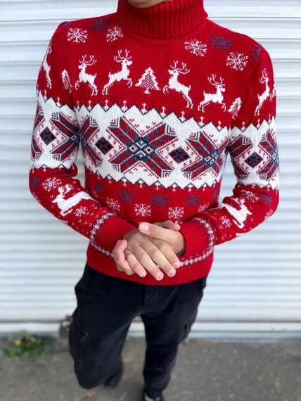 Мужской новогодний свитер с оленями в узорах PA2655 цвет красный, размер XL | Зображення 1