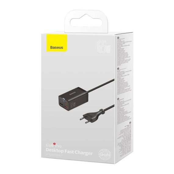 Мережевий Зарядний Пристрій Baseus GaN3 Pro 65W+cable Type C to Type C 100W  CCGP0401 Колір Чорний | Зображення 1
