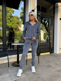 Жіночий спортивний велюровий костюм на блискавці з капюшоном штани на манжеті колір сірий розмір 42/44  Mon2052