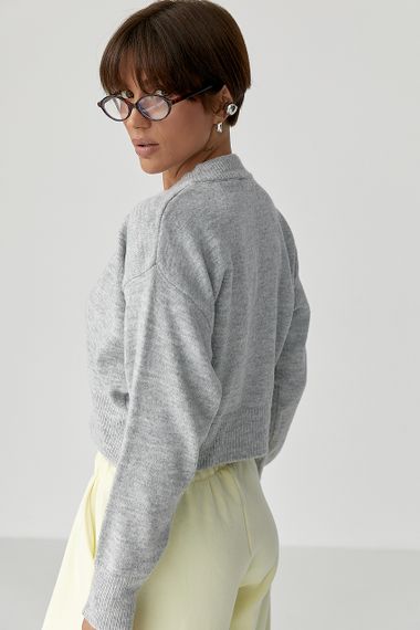 Теплий в'язаний короткий кардиган - сірий цвет, ONE SIZE (є розміри) | Зображення 1