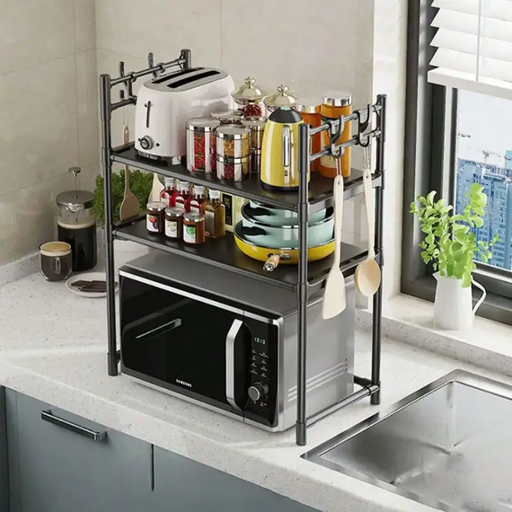 Багатофункціональна полиця для мікрохвильовки Чорна 59.5 × 50 × 33 см, для кухонного приладдя, баночок із приправами | Зображення 2