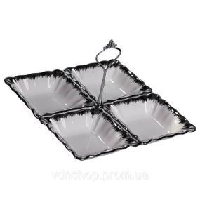 Менажниця порцелянова на 4 секції 22.5×22.5×3 (см) з ручкою Білий зі сріблом LC-BYL-101-S