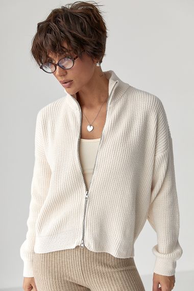 Однотонний в'язаний кардиган із коміром-стійкою - молочний цвет, ONE SIZE (є розміри) | Зображення 4