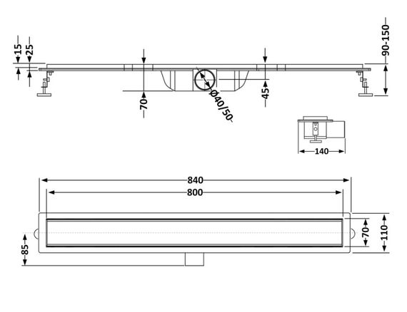 Лінійний трап Qtap Scorpio Tile800 із нержавіючої сталі, під плитку (поворотний сифон/сухий затвор) QTSCOTILE800 | Зображення 1
