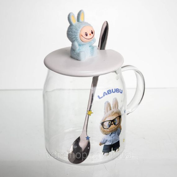 Новорічна велика скляна чашка "Лабубу" з кришкою та ложкою 600 мл, Святкова кружка чашка для дітей на подарунок Блакитний FM-56D | Зображення 2
