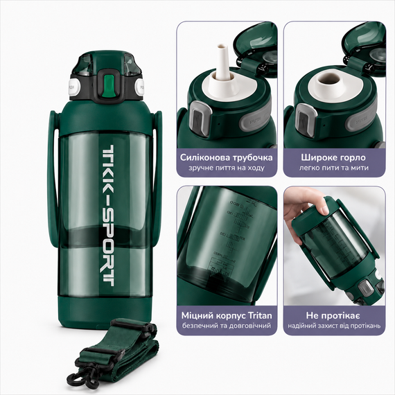 Бутылка TKK 1400 мл - Зеленая Tritan BPA-free, ударопрочная, спортивная с двойной системой переноски | Зображення 9
