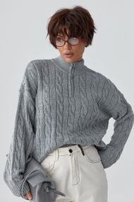 В'язаний светр в косички з блискавкою на горловині - сірий цвет, ONE SIZE (є розміри)