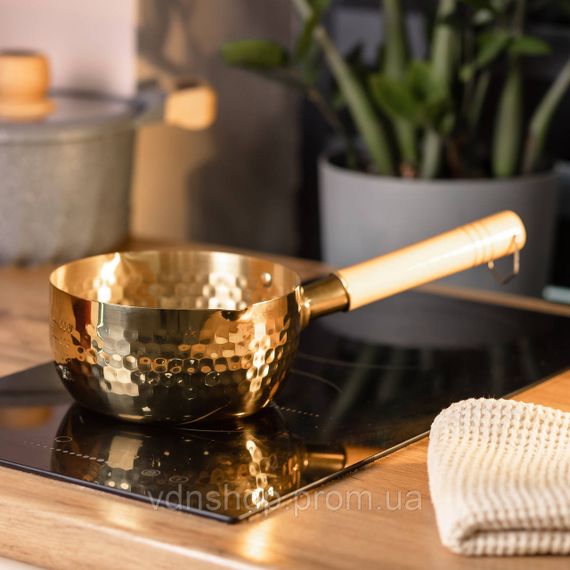 Сотейник из нержавеющей стали 1.4 л с деревянной ручкой Золотистый HP-19-24-16CM | Зображення 5