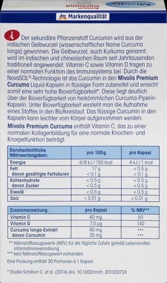 Капсулы "Mivolis жидкий концентрат экстракт корня Куркумы Премиум + С + D3", 30 шт., Германия | Зображення 2