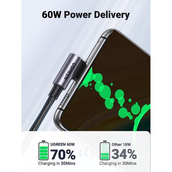 Дата кабель USB-C to USB-C 3.0m 60W US255 90-degree Angle Black Ugreen (80714) | Зображення 1