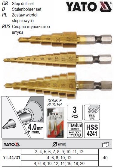 Свердла конічні титанові по металу HEX-1/4", HSS, для отворів Ø=3-12 мм, 4-12 мм, 4-20мм; 3 шт YATO-44731