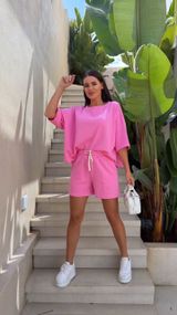 Женский летний костюм двойка шорты и футболка оверсаз LY25024 цвет розовый, размер 42/44