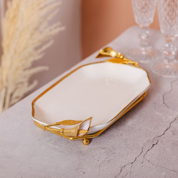 Порцелянова фруктовниця на підставці 26×15×3.5 см Біла із золотом HP-7-5 | Зображення 5