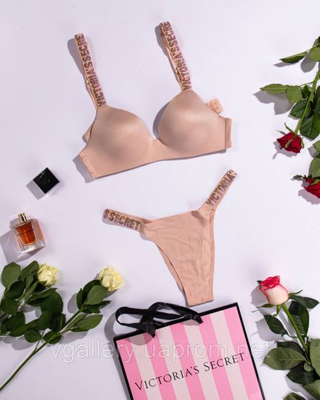 Комплект женского бесшовного белья Victoria`s Secret GOLD с золотыми стразами Бежевый цвет 80B | Зображення 1