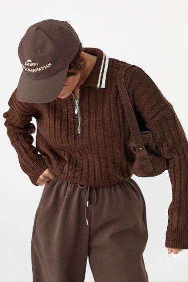 В'язана кофта-поло в широкий рубчик - коричневий цвет, ONE SIZE (є розміри)