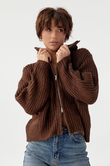 Кардиган на блискавці з крупної в'язки - коричневий цвет, ONE SIZE (є розміри)