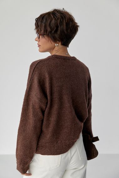 В'язаний теплий джемпер з візерунками косичок - коричневий цвет, ONE SIZE (є розміри) | Зображення 1