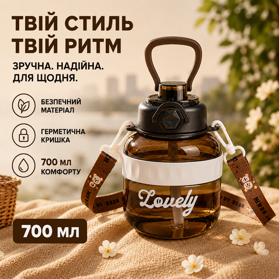 Бутылка для воды Lovely 700 мл с трубочкой и защитой от протечек, Коричневая (BPA Free) | Зображення 4