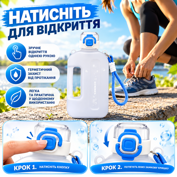 Спортивная бутылка для воды SUMMER 750 мл с ремешком - многоразовая из эко-пластика BPA-free, герметичная крышка, белый градиент | Зображення 3
