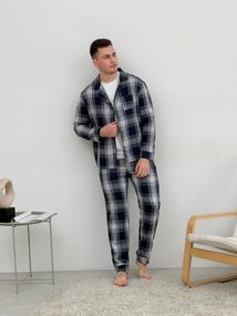 Піжама чоловіча COSY з фланелі (штани+сорочка+футболка) клітина темно-синій/сірий
