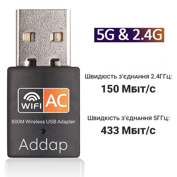 Двухдиапазонный WiFi адаптер c USB подключением Addap UWA-01 | 2,4 ГГц/5 ГГц, 600 Мбит/с (7765) | Зображення 5