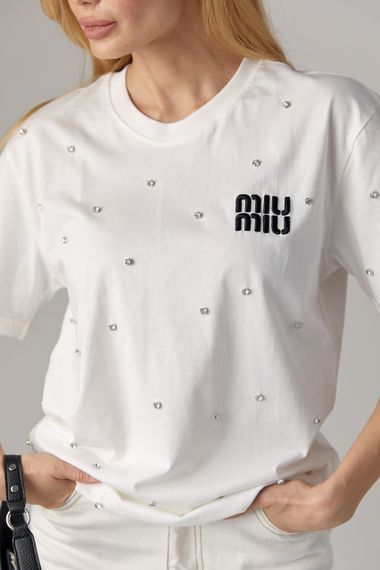 Женская футболка со стразами и вышитой надписью Miu Miu - молочный цвет, L (есть размеры) | Зображення 3