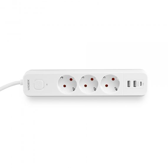 Мережевий подовжувач VIDEX ONCORD з/з 3п 3м (3x1.5мм) 2.4А 2USB+USB-C з кнопкою White | Зображення 4
