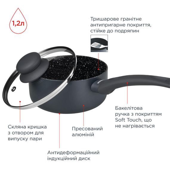 Ківш кухонний Vinzer Stone 50443, 1.2 л, 16 см, алюмінієвий з антипригарним покриттям і кришкою | Зображення 3