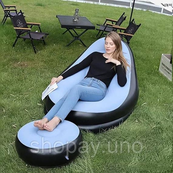 Надувное кресло с пуфом для отдыха AIR SOFA велюровое Blue RM-73 | Зображення 1