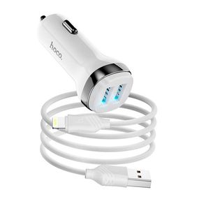 Набір АЗУ 12-24V HOCO Z40 + кабель Lighting, 2xUSB, 2.4A, кабель 1м, White, Box