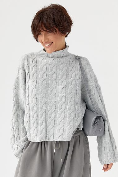 Вільний в'язаний светр з косичками - світло-сірий цвет, ONE SIZE (є розміри)