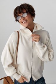 Трикотажний вільний кардиган на блискавці - молочний цвет, ONE SIZE (є розміри)