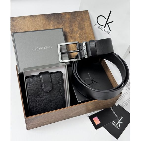 Чоловічий подарунковий набір ремінь і портмоне у дерев'яній коробці Calvin Klein натуральна шкіра | Зображення 4
