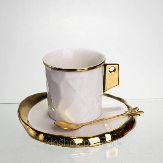 Чашка фарфоровая для кофе 200 (мл) с блюдцем и ложкой, красивая чашка в подарок Белый с золотом FM-1B | Зображення 4