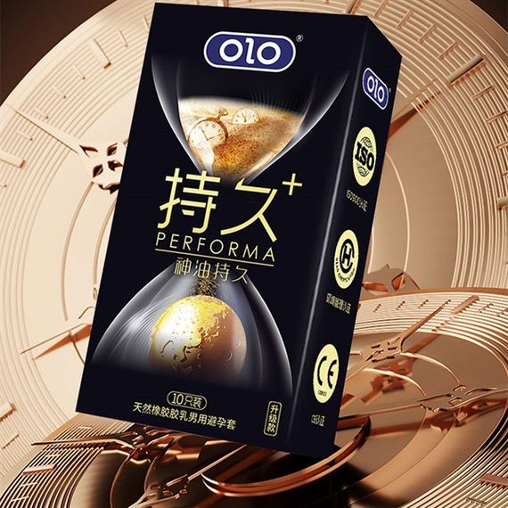 Ароматизовані ультратонкі презервативи з гіалуроновою кислотою та пролонгуючим ефектом OLO - PERFORMA Long-lasting Magic Oil, 10 | Зображення 1
