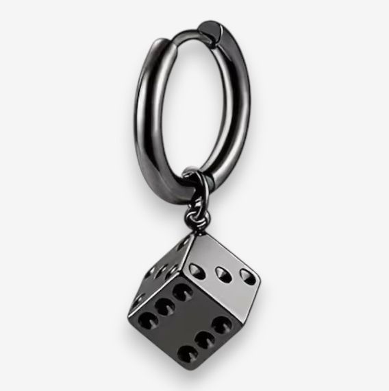 Сережка-кільце чорна з нержавіючої сталі з підвіскою у вигляді ігрового кубика, 3 см